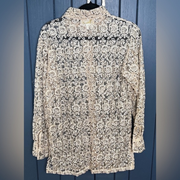 Vintage Cache Cream Beaded Floral Button Down Shirt Shacket Large Art To Wear - Picture 4 of 5